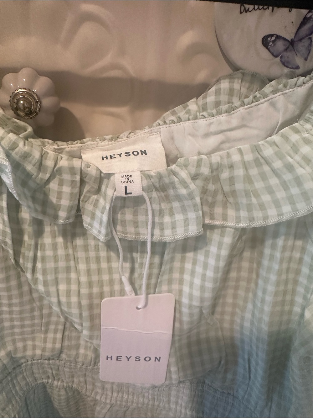 NWT Heyson Light Green Gingham Ruffle Neck Blouse - Picture 3 of 6